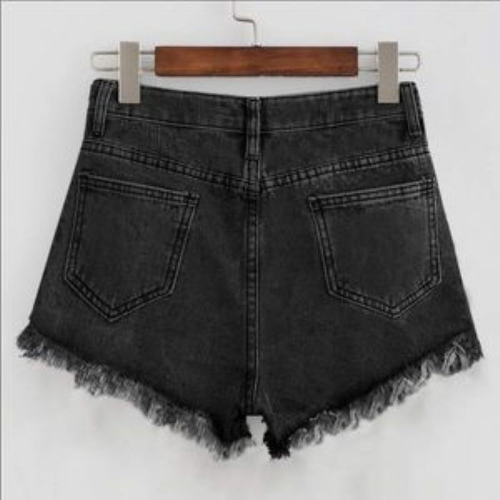 1 LEFT! Black Destroyed High Rise Jean Shorts - Picture 3 of 7